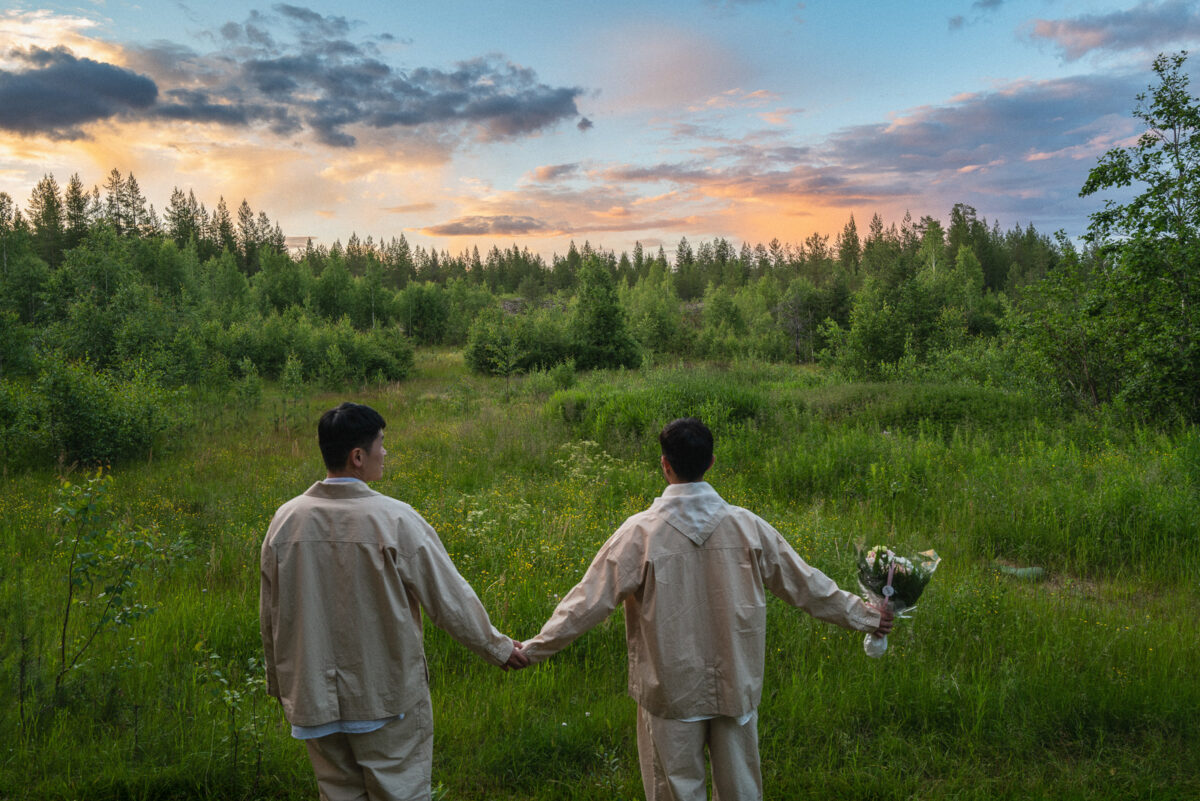 same sex couple surprise proposal in Finnish Lapland