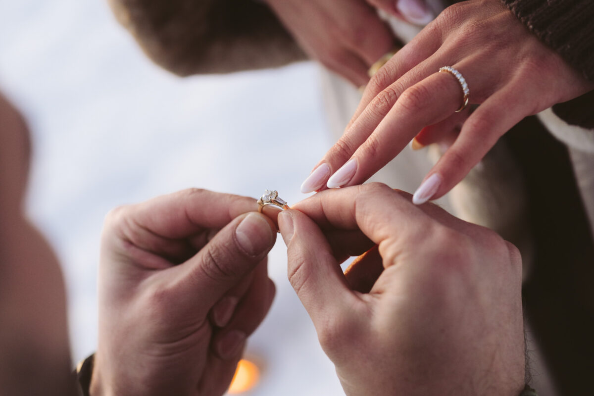 ring close up during a proposal in Levi Finnish Lapland